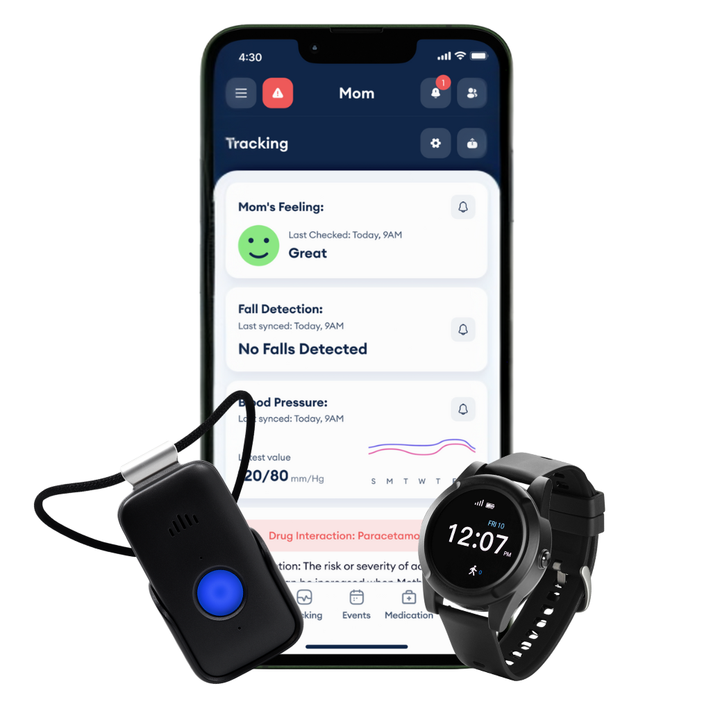 Adult child checking app while senior wears safety watch